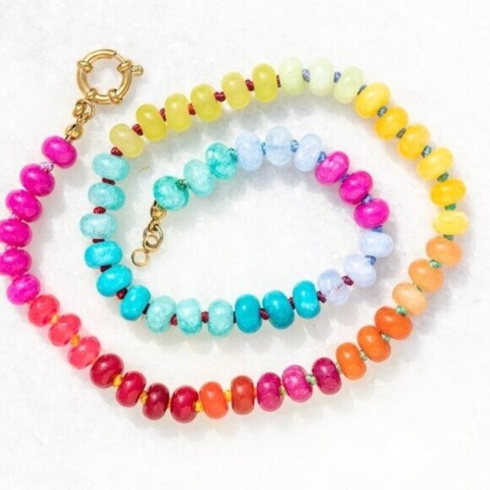 Rainbow Crystal Beaded Necklace 18K Gold Toggle Waterproof Boho Layering Jewelry - Picture 9 of 16